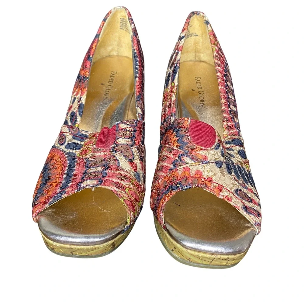 Faded Glory Women Boho Embroidered Peep Toe Cork Wedge Heels‎ Multicolor Size 8